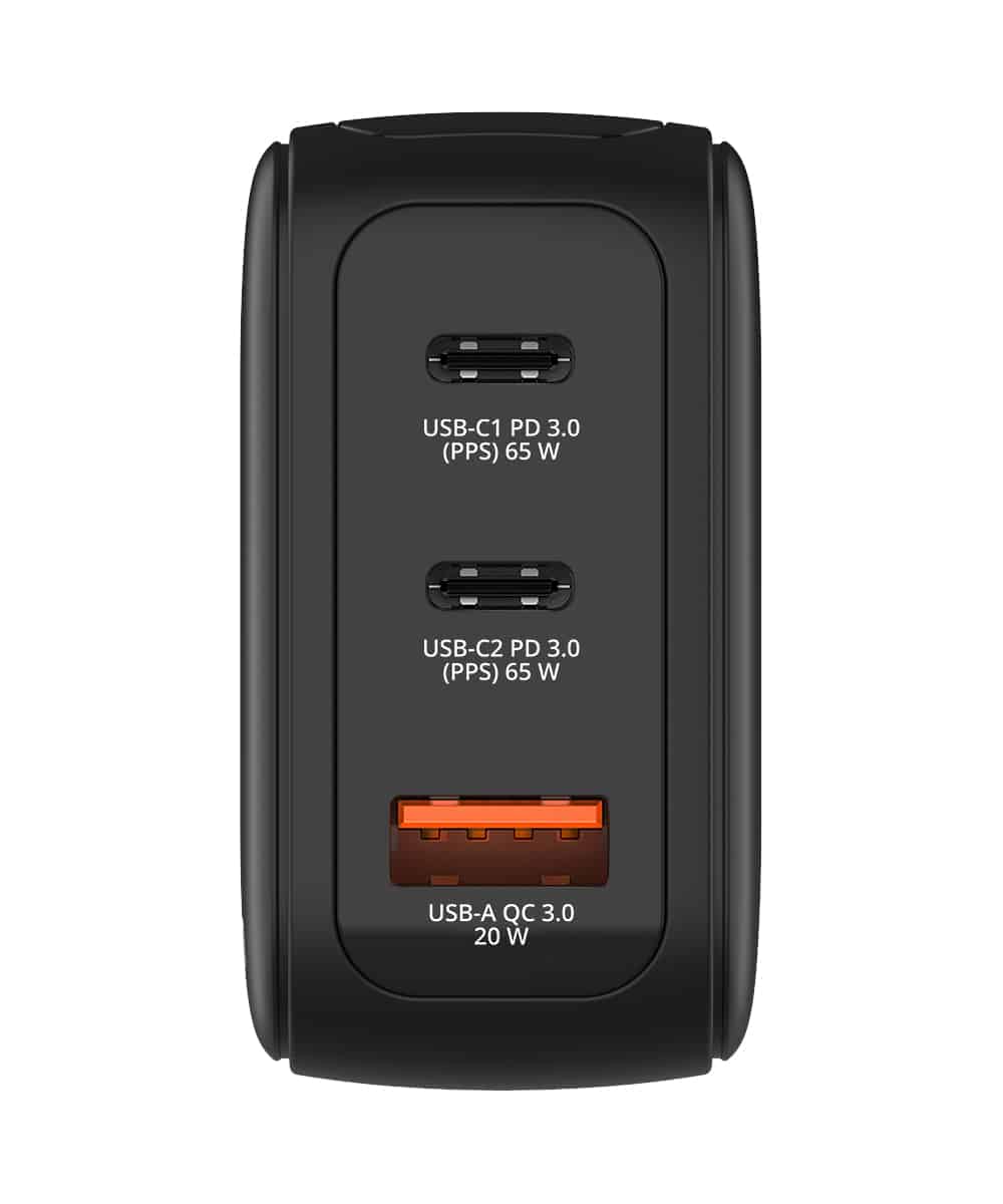 Verbatim Mini GaN Charger 65W 30241 port side showing two USB-C PD ports and one USB-A Quick Charge port