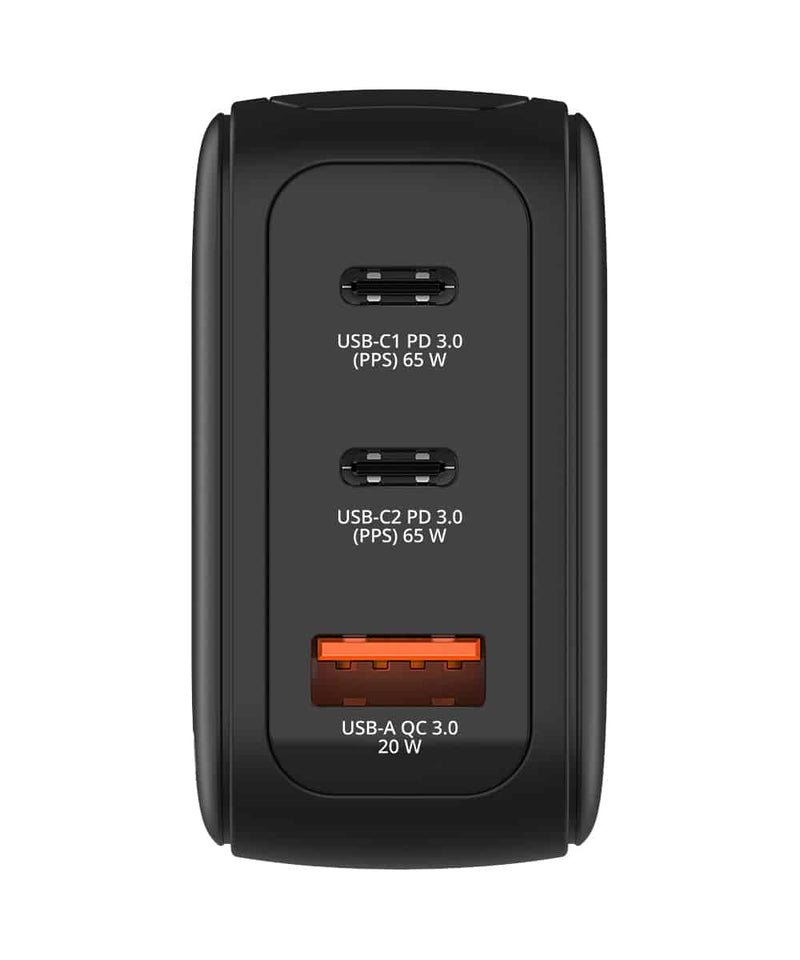 Verbatim Mini GaN Charger 65W 30241 port side showing two USB-C PD ports and one USB-A Quick Charge port