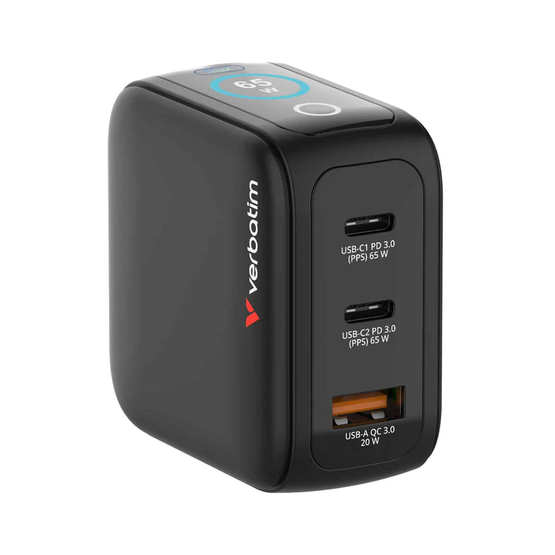 Verbatim Mini GaN Charger 65W 30241 angled port view with USB-C and USB-A ports on the black housing