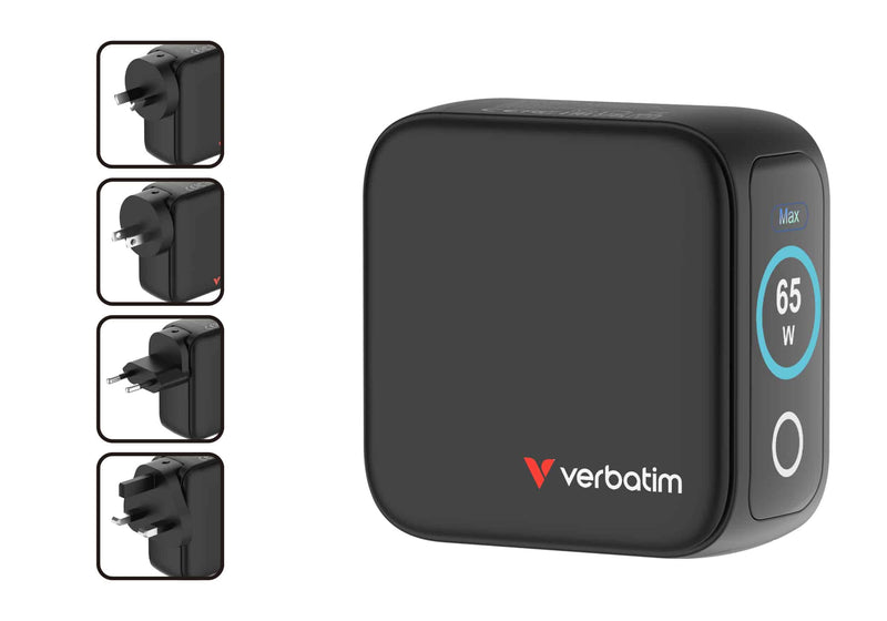 Verbatim Mini GaN Charger 65W with Display 30241 in black shown with its four interchangeable AU, EU, UK and US plug heads