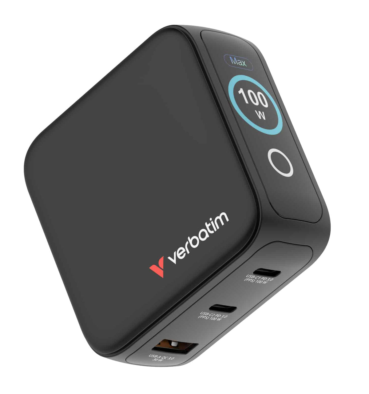 Verbatim Mini GaN Charger 100W with Display 30242 in black, angled view showing the front touchscreen display