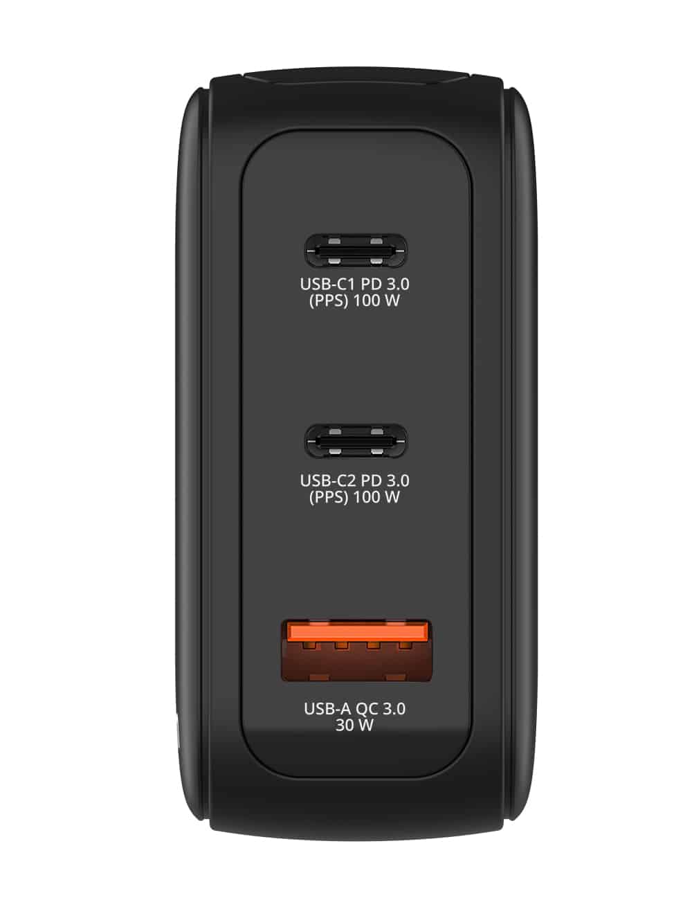 Verbatim Mini GaN Charger 100W 30242 port side showing two USB-C PD ports and one USB-A Quick Charge port
