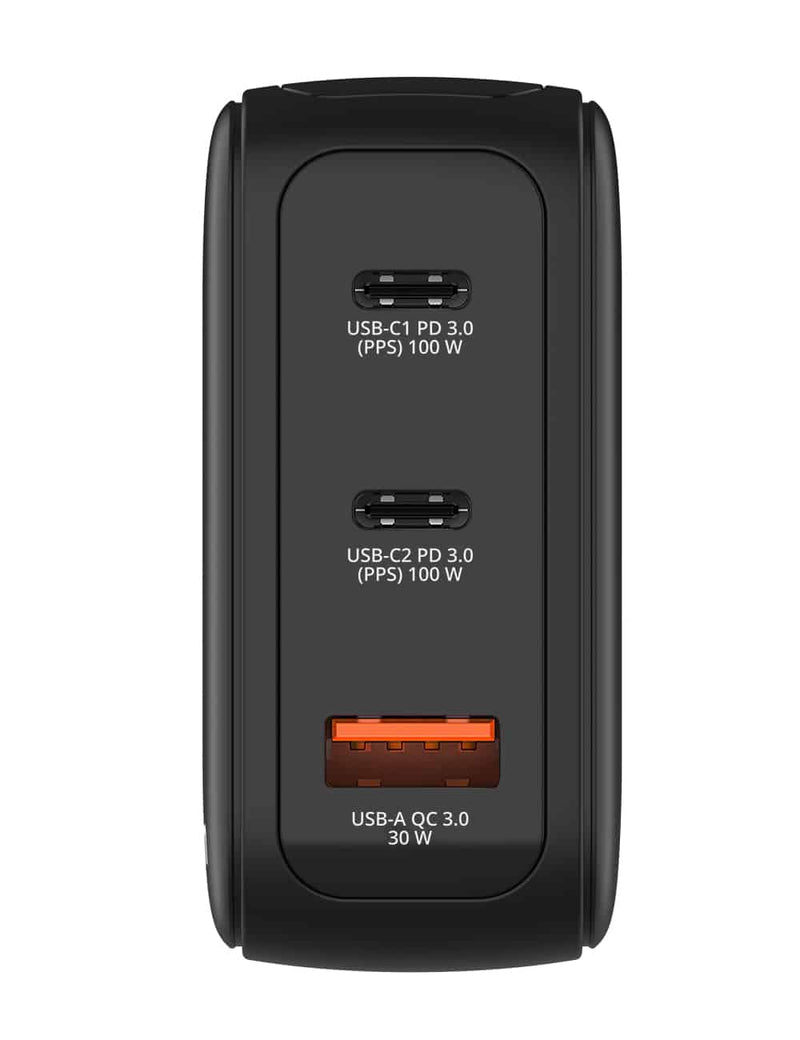 Verbatim Mini GaN Charger 100W 30242 port side showing two USB-C PD ports and one USB-A Quick Charge port