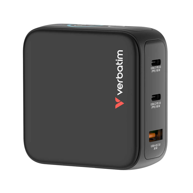 Verbatim Mini GaN Charger 100W 30242 front face with the Verbatim logo, two USB-C ports and one orange USB-A port on the edge