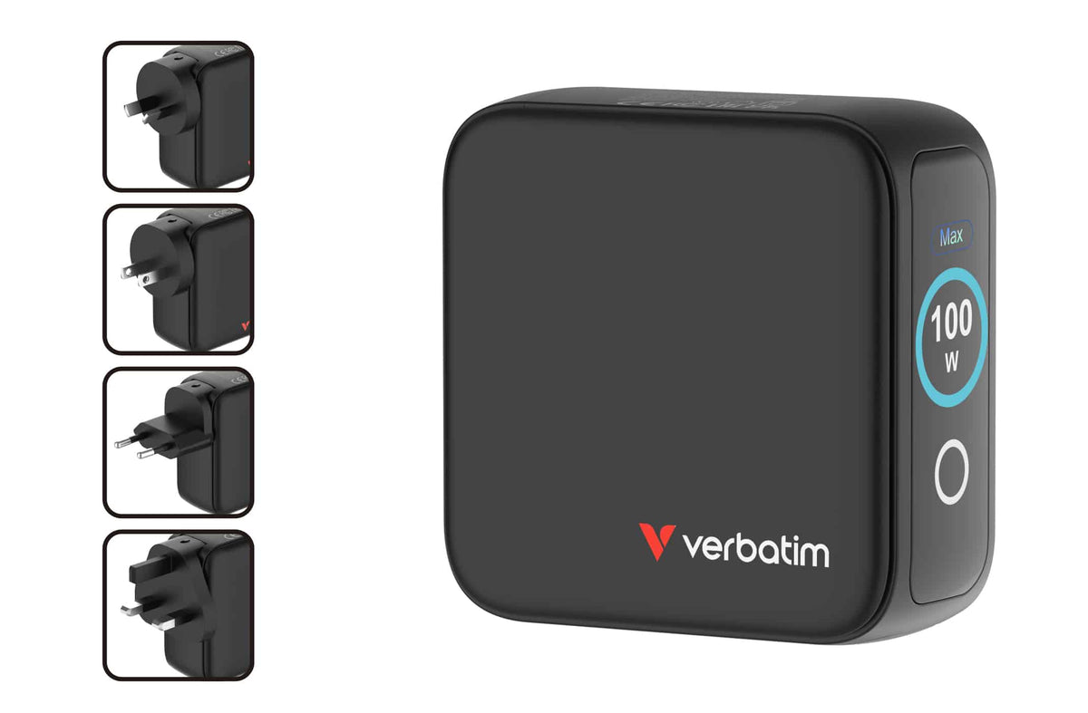 Verbatim Mini GaN Charger 100W with Display 30242 in black shown with its four interchangeable AU, EU, UK and US plug heads
