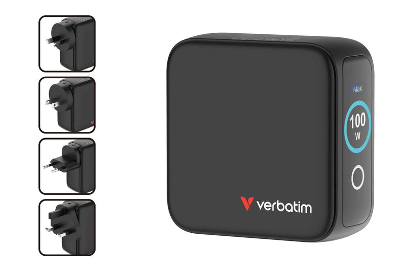 Verbatim Mini GaN Charger 100W with Display 30242 in black shown with its four interchangeable AU, EU, UK and US plug heads
