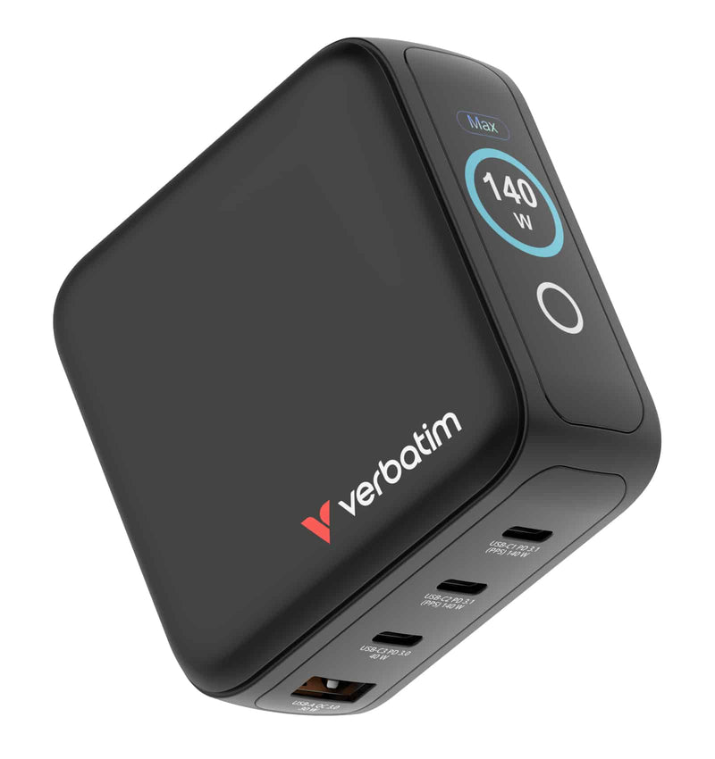 Verbatim Mini GaN Charger 140W with Display 30243 in black, angled view showing the front touchscreen display