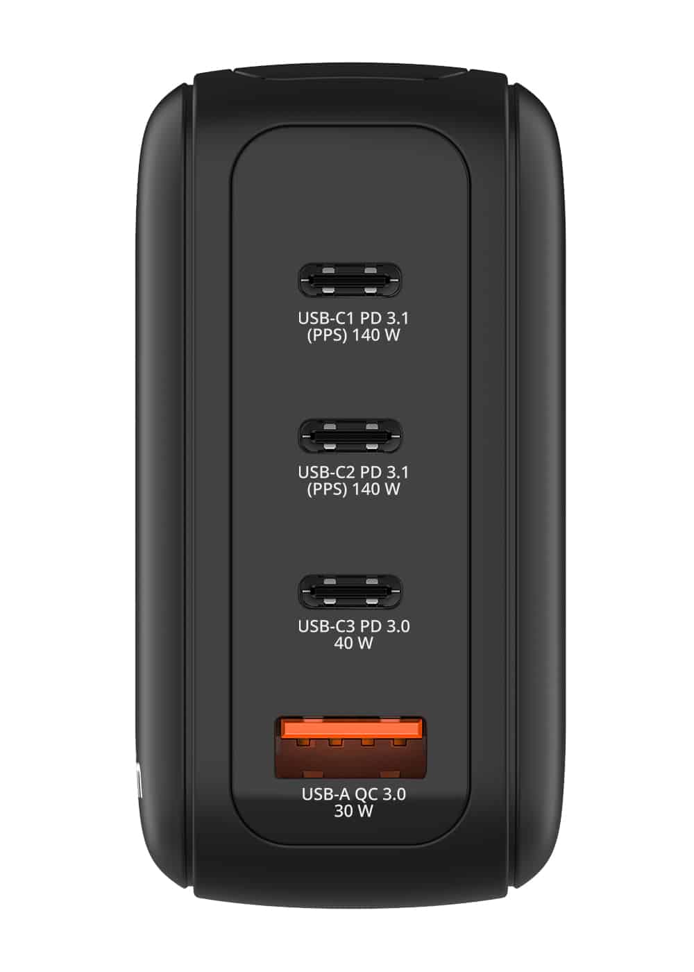 Verbatim Mini GaN Charger 140W 30243 port side showing three USB-C PD ports and one USB-A Quick Charge port