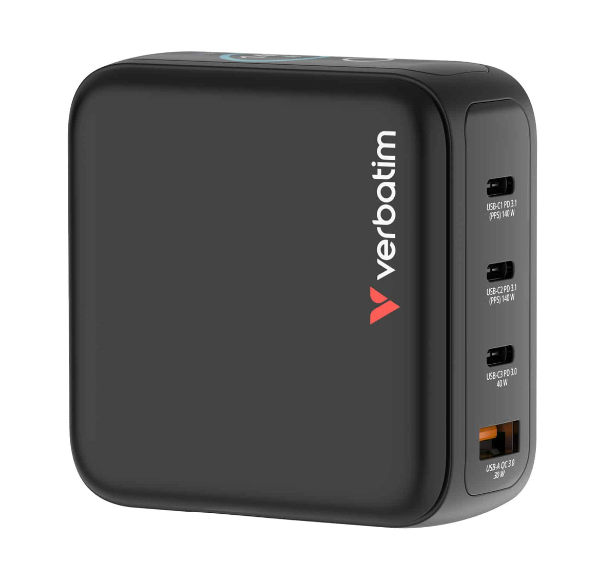 Verbatim Mini GaN Charger 140W 30243 front face with the Verbatim logo, three USB-C ports and one orange USB-A port on the edge
