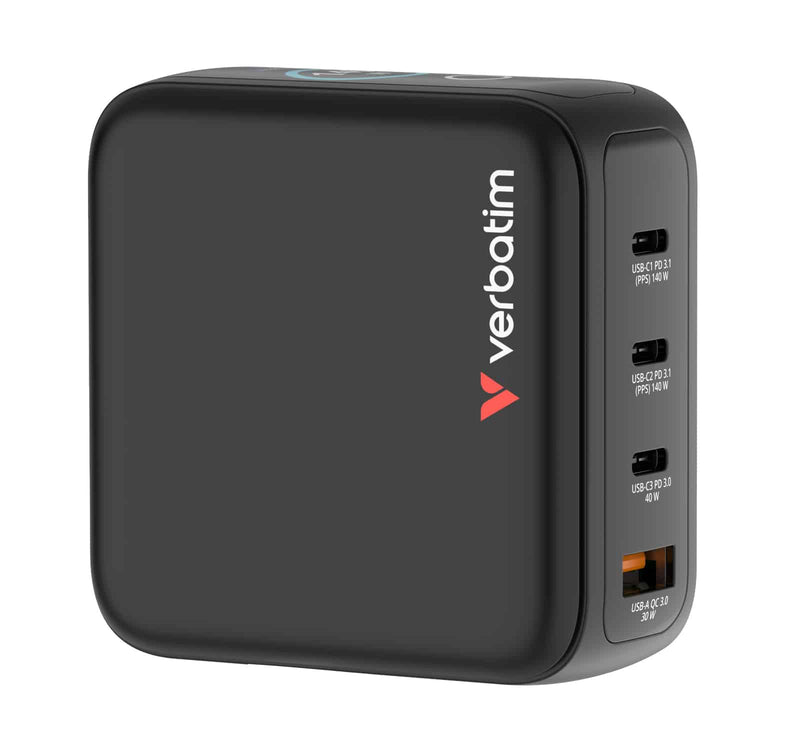 Verbatim Mini GaN Charger 140W 30243 front face with the Verbatim logo, three USB-C ports and one orange USB-A port on the edge