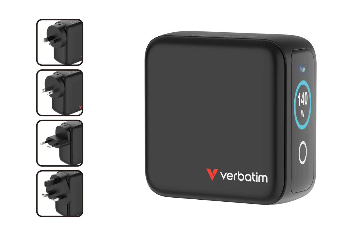 Verbatim Mini GaN Charger 140W with Display 30243 in black shown with its four interchangeable AU, EU, UK and US plug heads