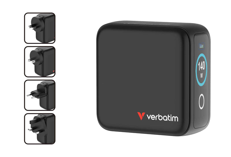 Verbatim Mini GaN Charger 140W with Display 30243 in black shown with its four interchangeable AU, EU, UK and US plug heads