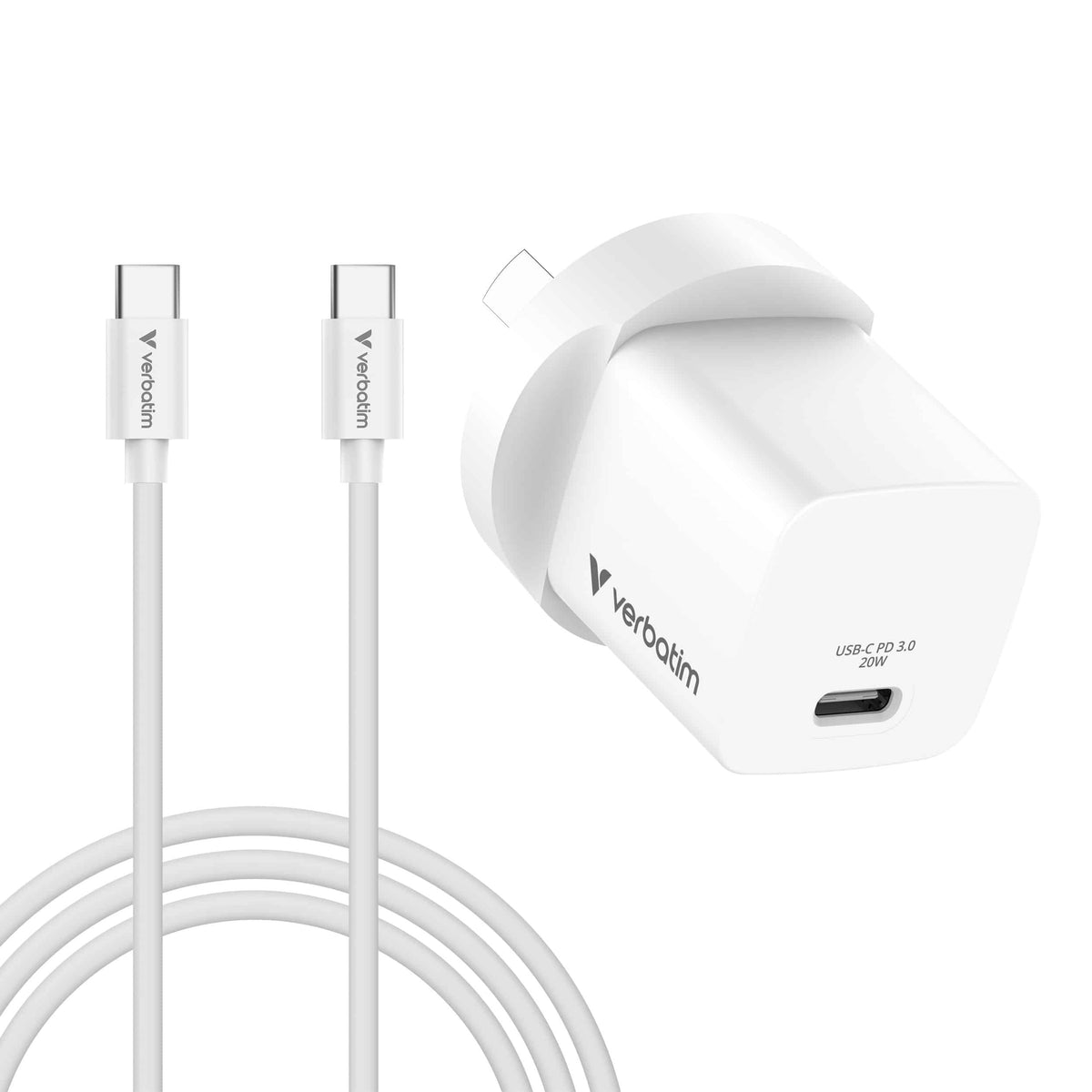 Verbatim Mini GaN Charger 20W 32397 bundle, white charger with Australian plug and USB-C to USB-C cable