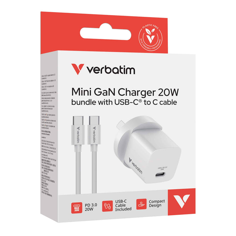 Verbatim Mini GaN Charger 20W 32397 retail box showing the white charger bundled with a USB-C to USB-C cable