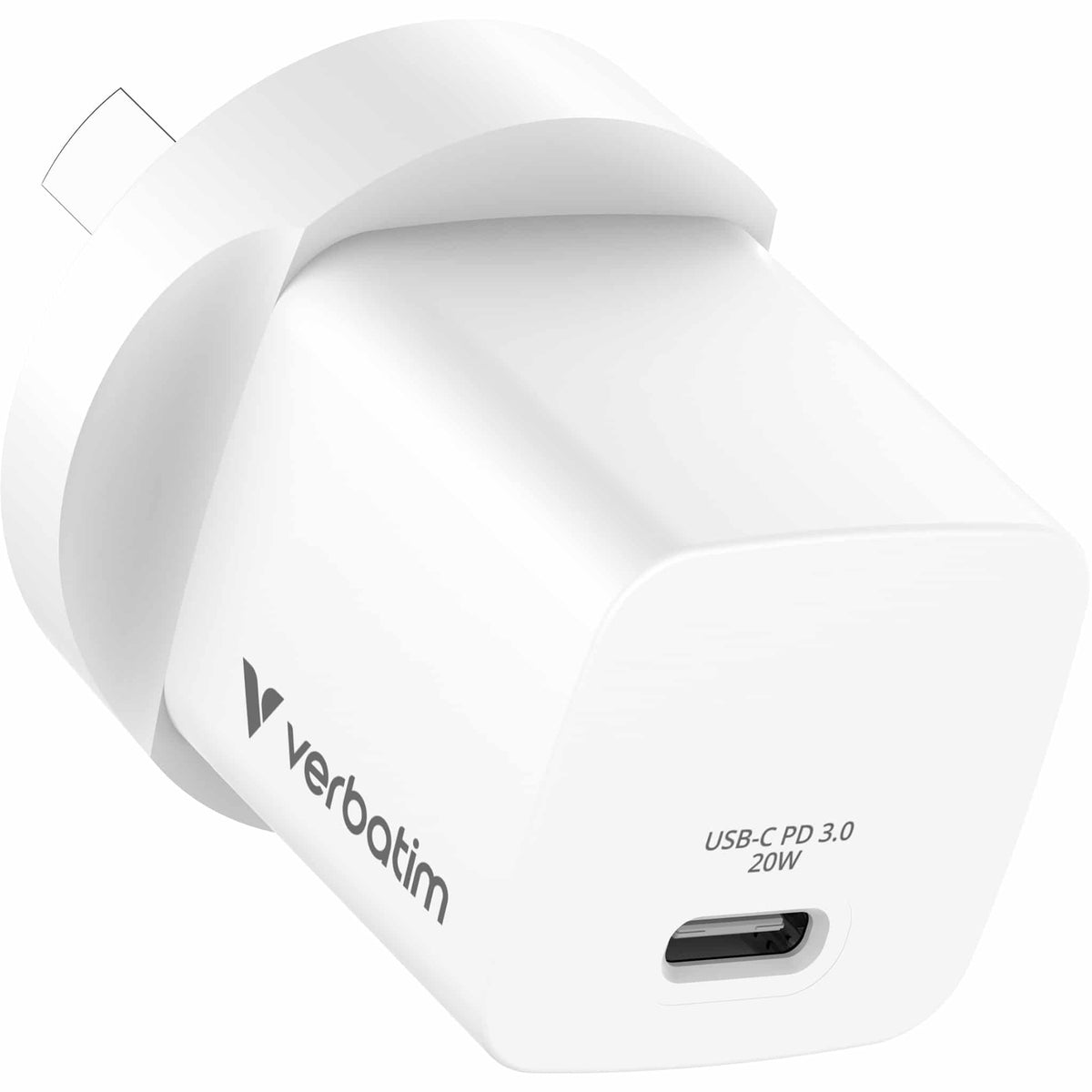 Verbatim Mini GaN Charger 20W 32397 white charger angled to show the single USB-C port and the Australian plug pins