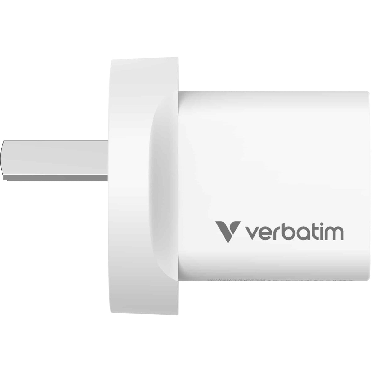 Verbatim Mini GaN Charger 20W 32397 white charger side view with the Verbatim logo and Australian plug pins