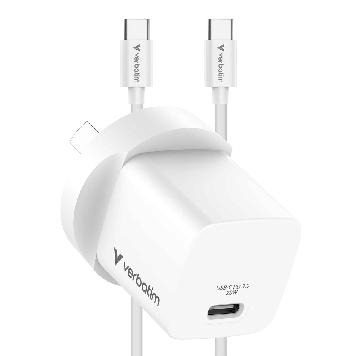 Verbatim Mini GaN Charger 20W 32397 white charger with the included USB-C to USB-C cable plugged into its port