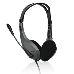 Verbatim Multimedia Headset in black and grey with padded ear cups, adjustable headband and a boom microphone on the left side