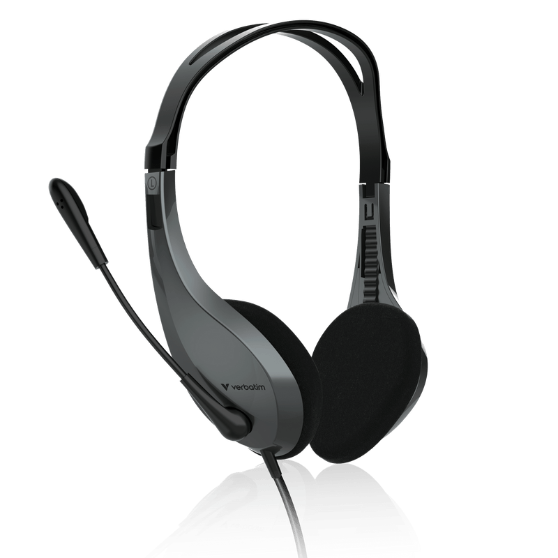 Verbatim Multimedia Headset in black and grey with padded ear cups, adjustable headband and a boom microphone on the left side