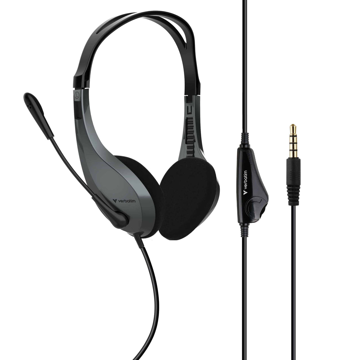 Verbatim Multimedia Headset with its in-line volume control on the cable and a single 3.5mm plug, beside the headset and boom microphone