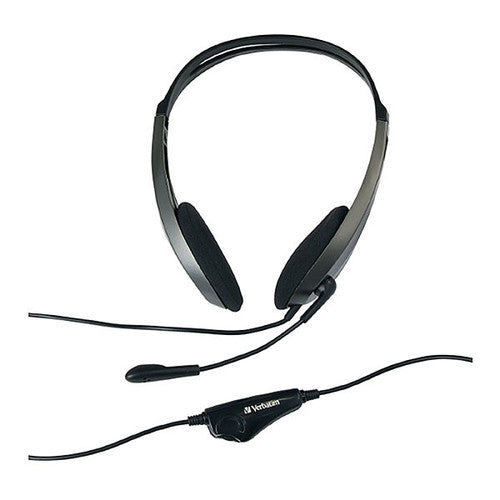 Close-up of Verbatim headset in-line volume control remote and dual 3.5mm audio connectors
