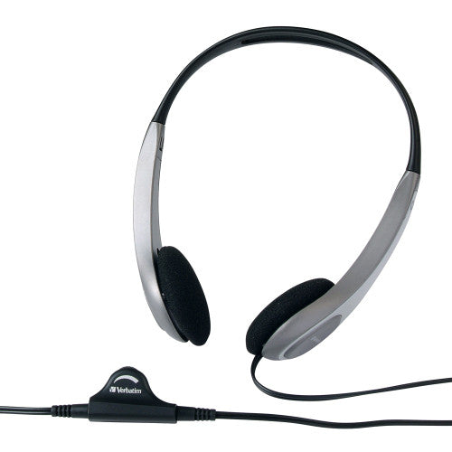 Close-up of Verbatim AA41645 headset showing 30mm drivers and soft foam ear cushions