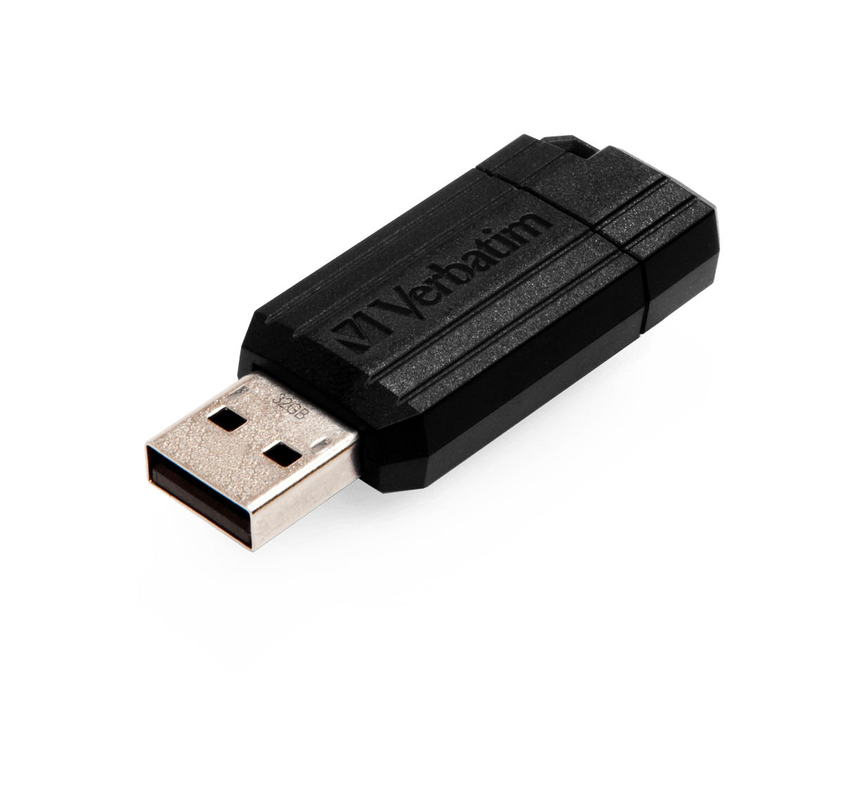 Verbatim Store n Go Pinstripe USB 2.0 drive in black, angled view showing the striped body, Verbatim logo and the USB-A connector slid out