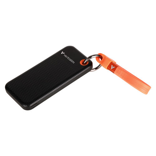 Black Verbatim Pocket SSD at an angle with the orange cable looped through the metal keyring