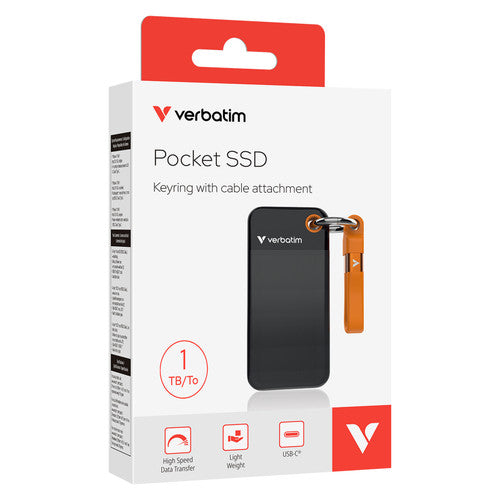 Verbatim Pocket SSD 1TB box showing the black drive with an orange cable and the words Keyring with cable attachment