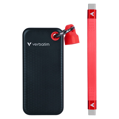 Black Verbatim Pocket SSD with a red keyring clip, standing next to its flat red cable with USB-C plugs at each end