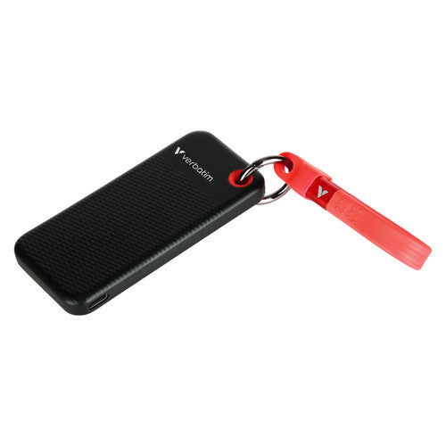 Verbatim Pocket SSD at an angle with the red cable clipped onto the metal keyring ring