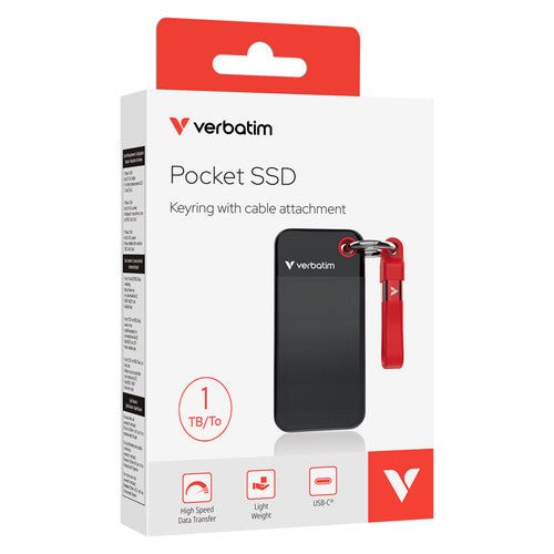 Retail pack for the Verbatim Pocket SSD 1TB with red cable, printed Keyring with cable attachment