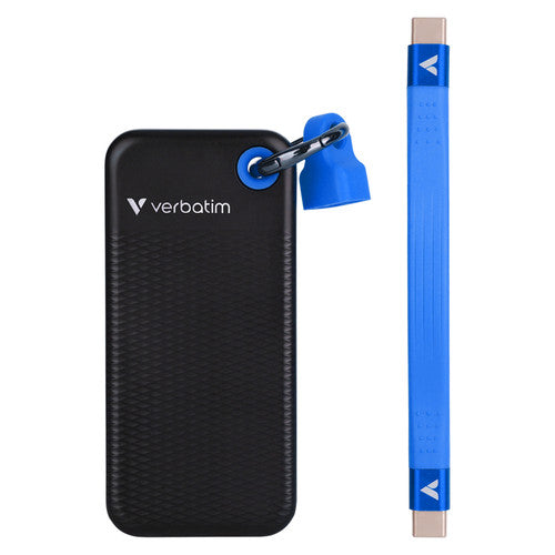 Verbatim Pocket SSD 2TB with a black textured case and blue keyring clip, beside its flat blue USB-C to USB-C cable