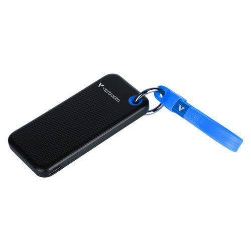 Verbatim Pocket SSD lying at an angle with the blue cable threaded through its metal keyring