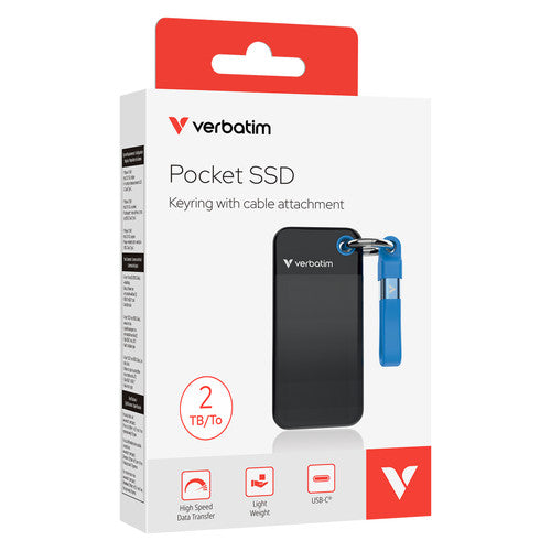 Verbatim Pocket SSD box with a 2TB badge, showing the black drive with blue cable and Keyring with cable attachment