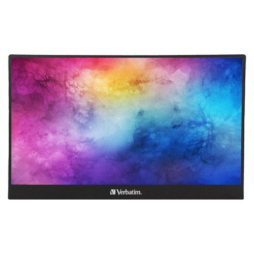 Verbatim 14-inch Full HD portable monitor shown from the front displaying a desktop workspace