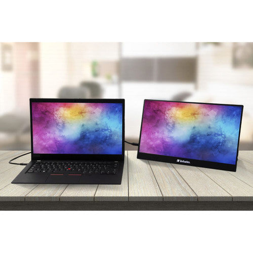 USB-C cable connecting the Verbatim portable monitor to a laptop