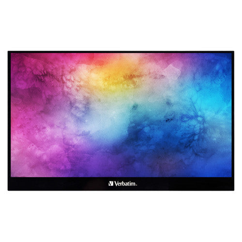 Verbatim 14 inch portable touchscreen monitor shown front-on displaying a desktop interface
