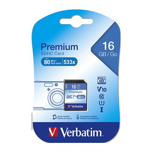 Verbatim 16GB Premium SDHC Card with Class 10 speed rating and write-protect switch