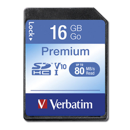 Front view of Verbatim Premium SDHC memory card suitable for cameras and camcorders
