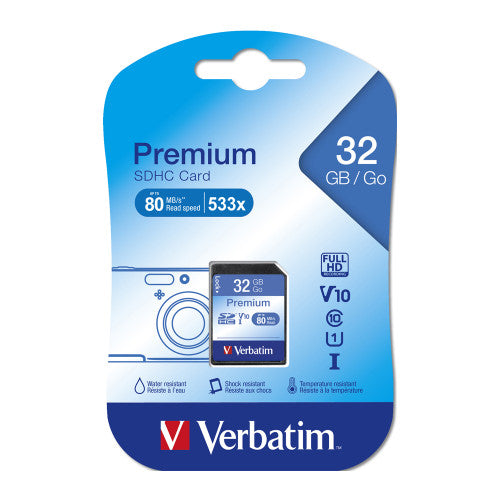 Verbatim Premium 32GB SDHC Card with Class 10 speed rating and write-protect switch