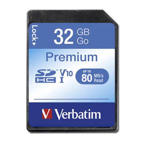Verbatim 32GB SDHC memory card front view showing capacity and speed class markings