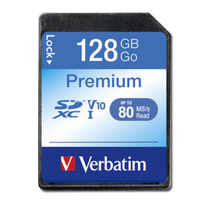 Verbatim Premium 128GB SDXC memory card face with SDXC, V10 and UHS-I logos and a lock switch on the side