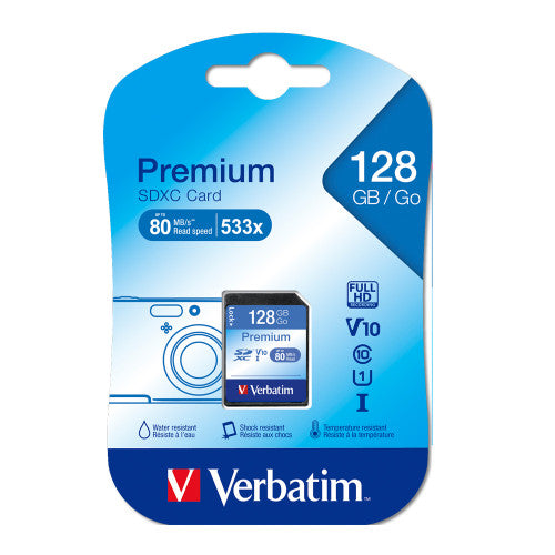 Verbatim Premium 128GB SDXC memory card with write-protect switch, Class 10 rating