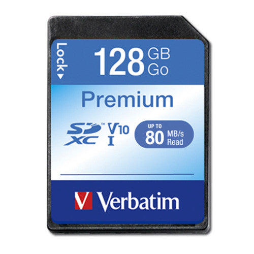 Front view of Verbatim 128GB SDXC card suitable for cameras and camcorders