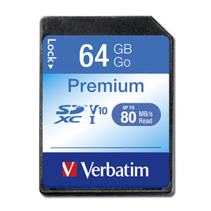 Verbatim Premium 64GB SDXC card with the SDXC logo, V10 and UHS-I marks and the lock switch on the left edge