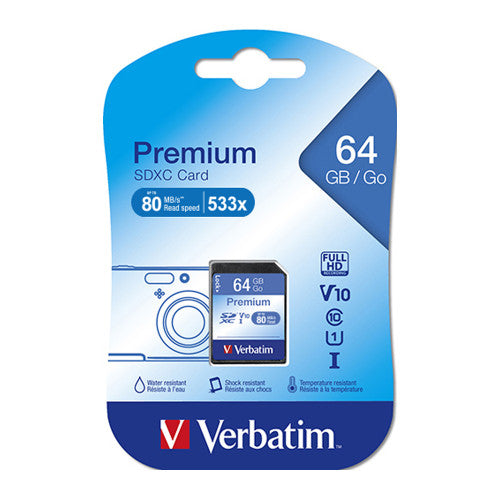 Verbatim Premium SDXC Card 64GB front view showing Class 10 speed rating label