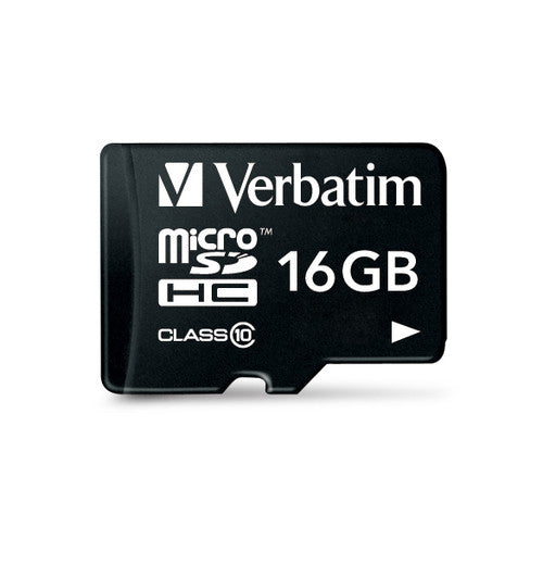 Verbatim 16GB microSDHC card inserted into SD adapter showing size comparison