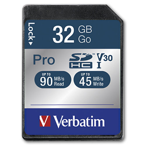 Verbatim Pro 32GB SDHC card in silver and navy with V30 mark and badges for up to 90MB/s read and 45MB/s write