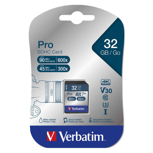 Verbatim Pro SDHC Card 32GB silver pack with read and write speed badges and 4K, V30, Class 10 and U3 icons